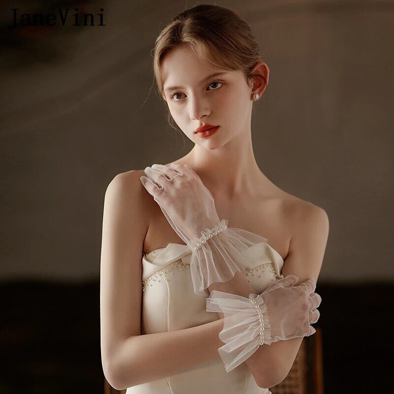 JaneVini Princess Sheer Tulle guanti di perle da donna guanti da sposa corti trasparenti Sexy guanti da festa per le prestazioni delle signore di nozze