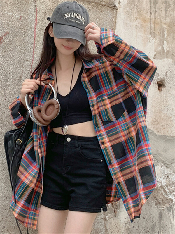 Alien Kitty Oversize Women Shirts Plaid Summer Sunscreen Vintage Loose Full Sleeve Daily All Match Office Lady Fashion Coats