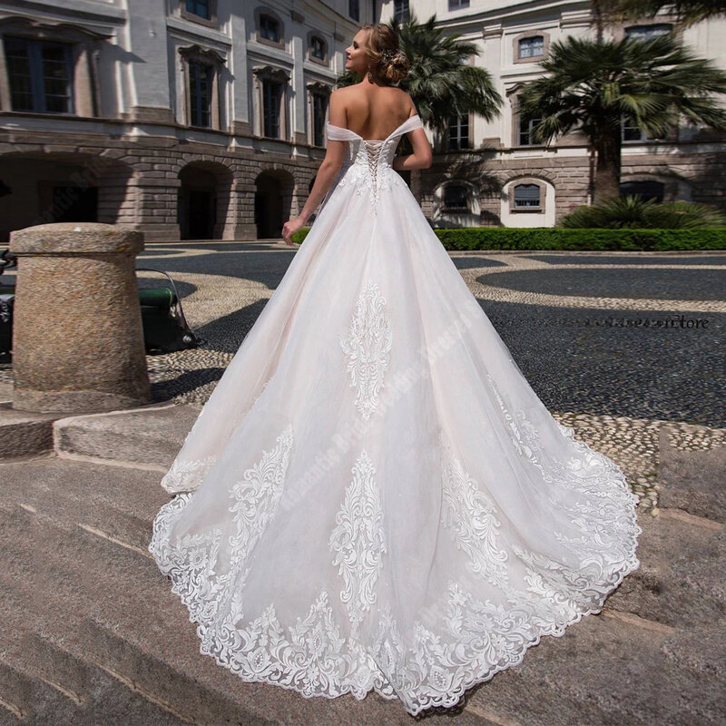Gaun pengantin Tulle bahu terbuka gaun Prom punggung terbuka tanpa lengan kualitas tinggi minimalis panjang mengepel gaun pengantin