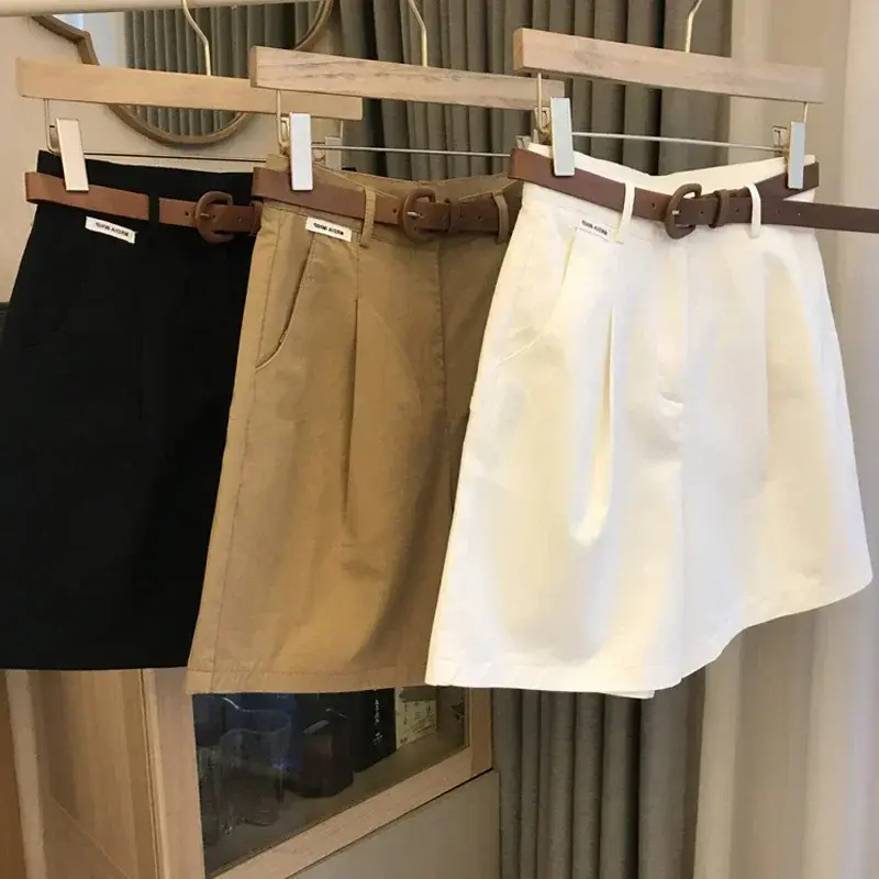 Calções de cintura alta feminino com cinto, Moda coreana, Básico, Vintage, Sólido, Primavera, Verão