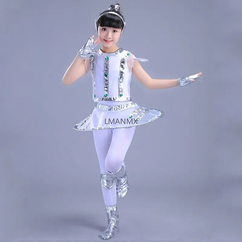 Kostium robota dla dzieci biała srebrna przestrzeń do występów astronautów parkiet czas na Show ubrania Unisex ubrania do tańca chłopca lub dziewczynki