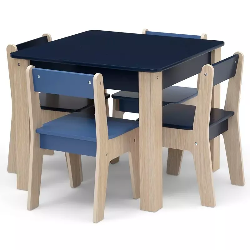 Juego de mesas y 4 sillas para niños, conjunto de muebles para sala de juegos, mesa de actividades para niños pequeños, azul marino/Natural