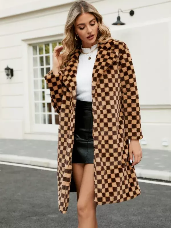 Winter Women's Warm Faux Fur Long Coat Plaid Leisure Women Shaggy Fur Long Jackets Thick Fluffy Luxury Bontjas Outerwear 2023