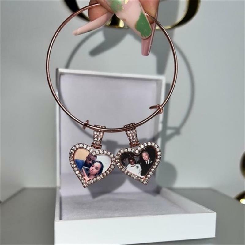 TBTK-Bracelet manchette en acier inoxydable, pendentif photo en forme de cœur, bracelet mémoire, glacé, cubique, contre-indiqué, cadeau pour amoureux de la famille