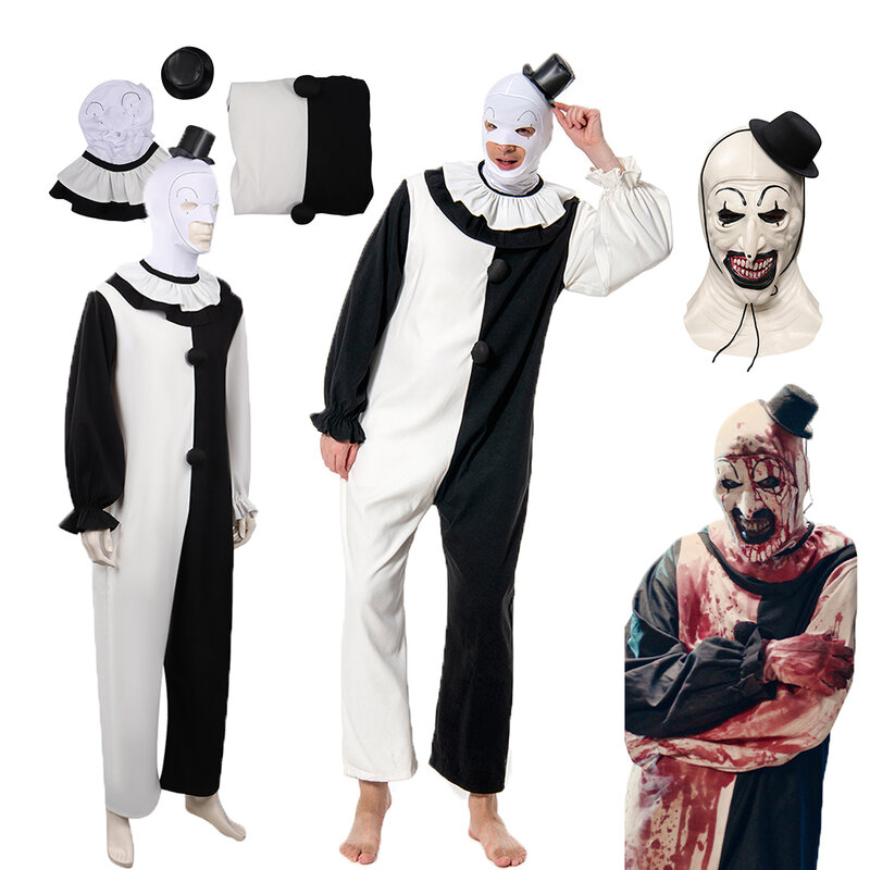 Terrifier 2 Art the Clown Cosplay Jumpsuit Hat For Adult Man Fantasia Roleplay Costume Halloween Carnival Suit Mask Outfits