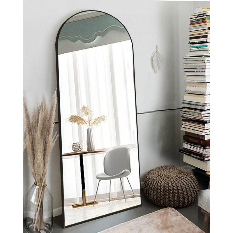 Espejo de pie para el suelo, espejo superior arqueado de 70 "x 31", suspendido o inclinado, marco de aluminio para dormitorio, espejo de longitud completa
