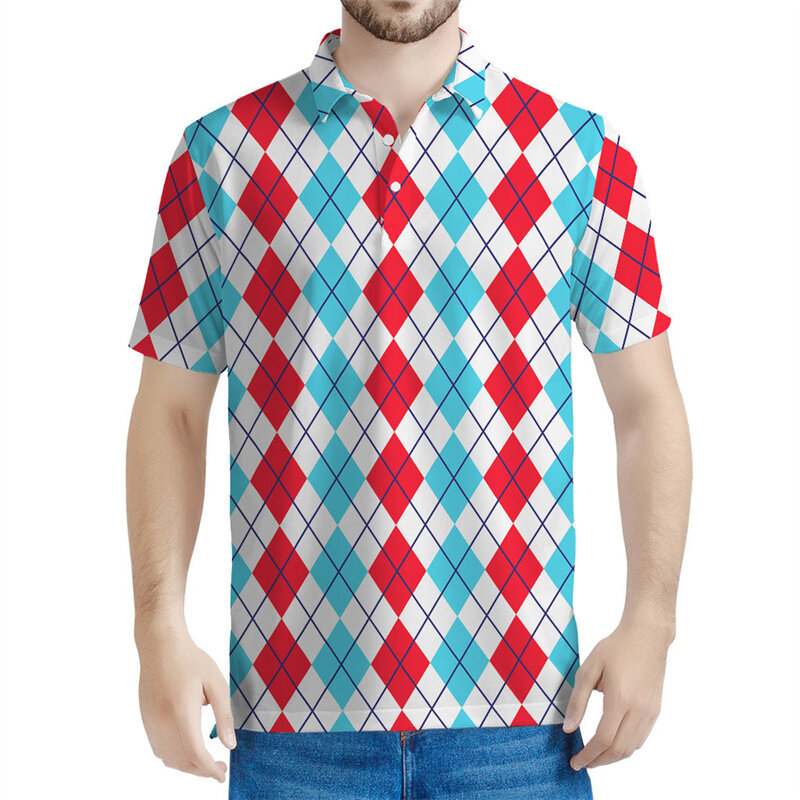 Kaus Polo motif kotak-kotak geometris, kaus atasan kerah Lapel kasual lengan pendek cetak 3d warna-warni untuk pria