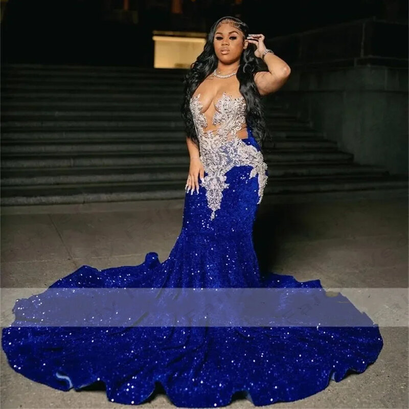 Gaun malam wanita biru Mewah Glitter seksi tanpa lengan putri duyung gaun Prom putri pesta koktail pantai Formal Dubai Arab