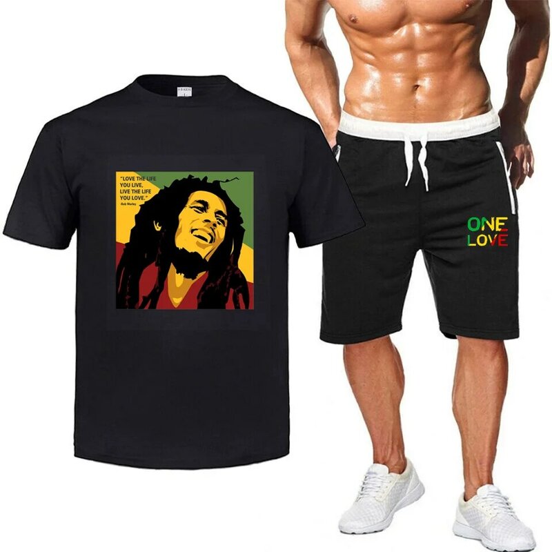 ผู้หญิง/ชายเสื้อยืด Bob Marley ตำนานเร้กเก้ One Love พิมพ์เสื้อฤดูร้อนใหม่แฟชั่นแขนสั้น + กางเกงขาสั้นชุดเสื้อผ้า
