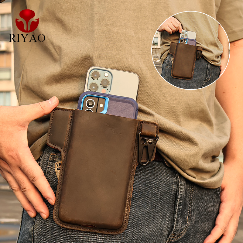 RIYAO Double-Layer Genuine Leather Phone Holster Case Men's Mobile Phone Cover With Belt Clip Waist Packs Vertical Carrying