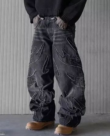 Pantalones vaqueros holgados para mujer, ropa de calle Retro bordada, rasgados, de cintura alta, estilo Hip Hop, Harajuku, Y2k, color negro, novedad