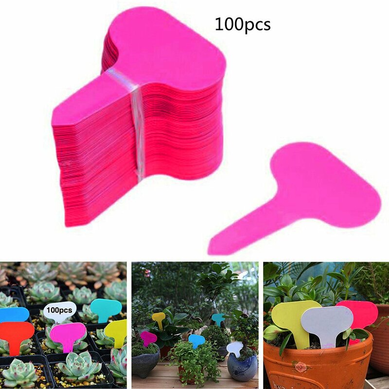 Etiquetas coloridas de plástico tipo T para decoración de jardín, adornos para plantas y flores, marcadores gruesos para guardería, 100 piezas