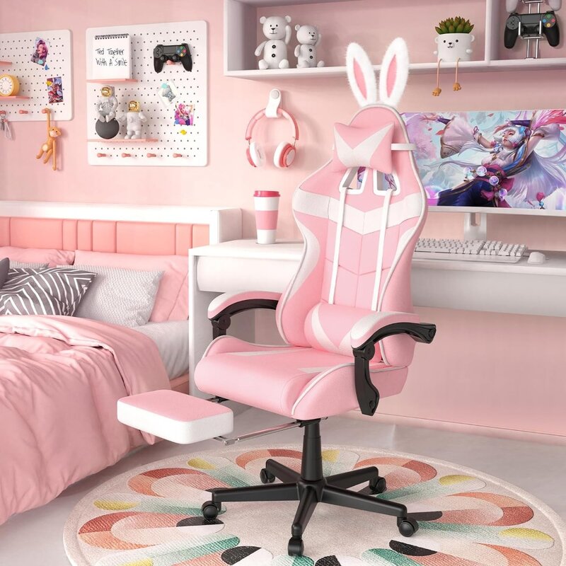 Chaise de gaming rose avec repose-pieds réglable, fauteuil d'ordinateur pour petite amie, chaise de jeu, bureau de joueur, épouse et amour