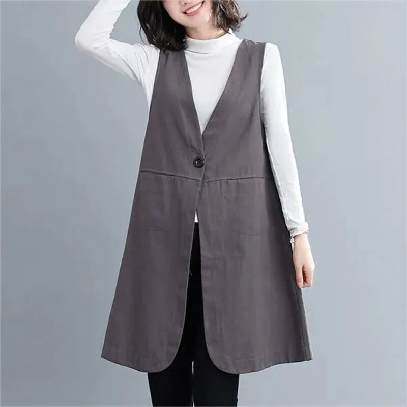 Long Cotton Linen Vest For Women Spring Summer Loose Fitting Large V-Neck Sleeveless Camisole Top Tank Top Mid-long Casual Vest