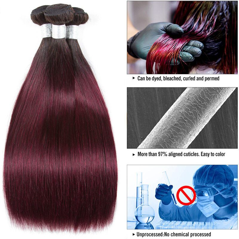 Pacotes retos do cabelo humano com fechamento frontal, Ombre peruano 1B, 99J, vinho vermelho, 2 pacotes
