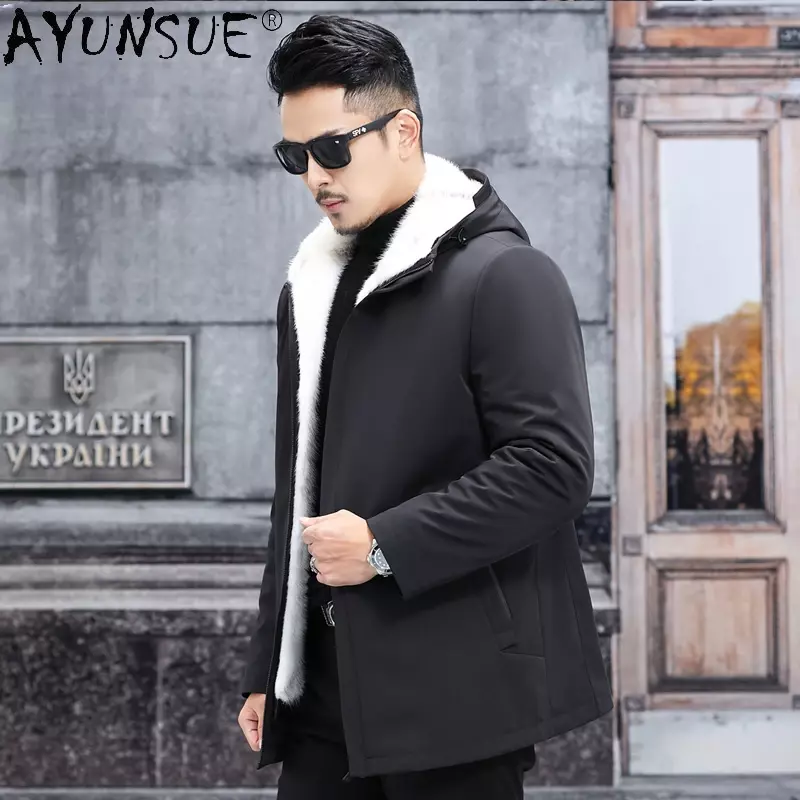 AYUNSUE-Parka de pele real masculina, casaco de vison cruzado, jaqueta de luxo com capuz, Parkas quentes, alta qualidade, inverno