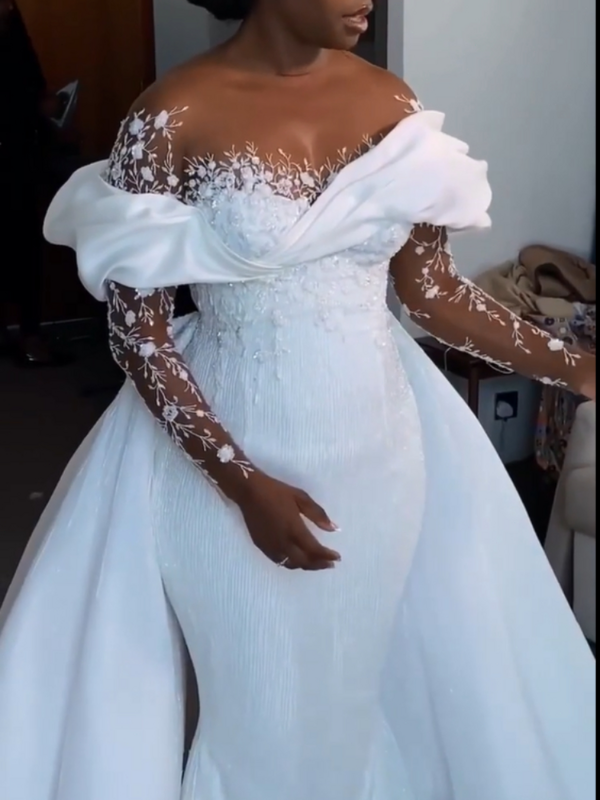 Vestido de noiva sereia com o pescoço, Mangas compridas africanas, Vestidos de noiva com renda, Vestido de casamento de Dubai