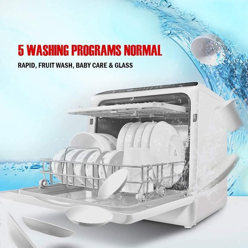 Máquina de lavar louça portátil, tanque de água de 3 copos, cesta de frutas e vegetais, alta temperatura, ar seco, 5 programas