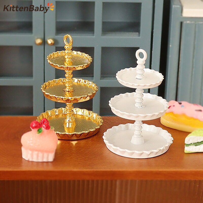 Miniature Dessert Pan Cake Stand Bandeja de Frutas 3 Camadas com Modelo de Ornamento Simulação de Frutas House Decor Toy 1:12 Dollhouse