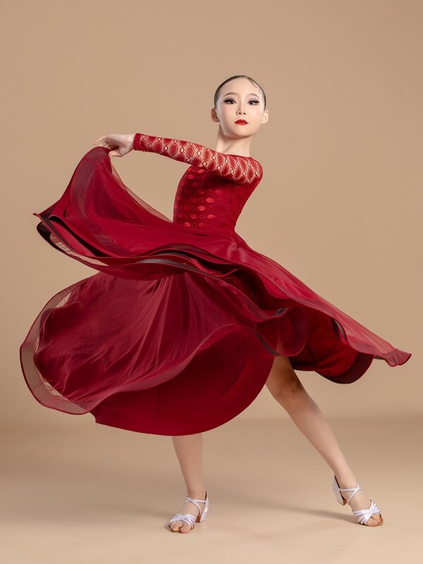 Ropa de baile estándar nacional para niñas, de encaje rojo Body de manga, faldas grandes Swing, disfraces de baile de salón, DN17986, novedad de 2024