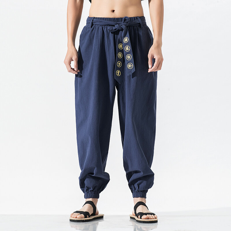 Bawełniane lniane spodnie męskie luźne spodnie z elastycznym pasem spodnie haremki męskie wiosenne spodnie dresowe dla joggerów męskie nowa, w stylu Streetwear
