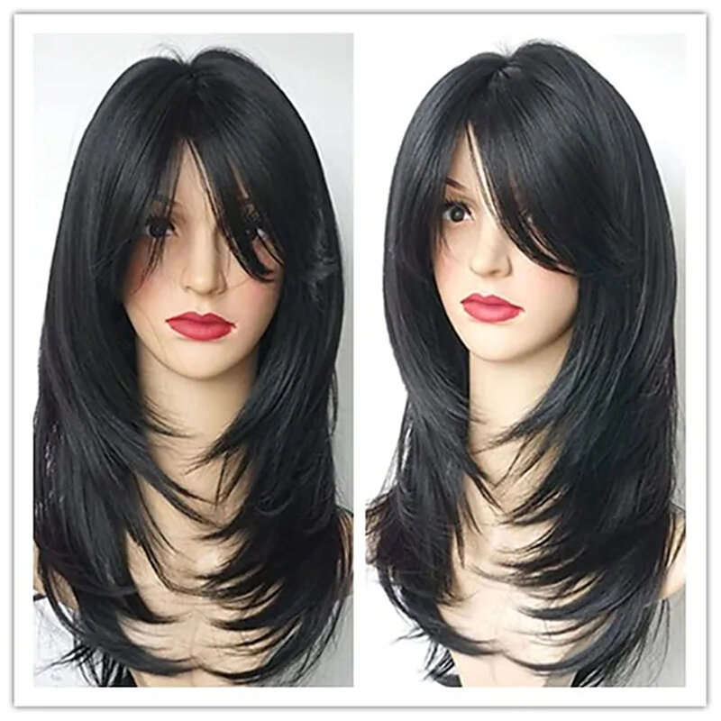 Long Synthetic Wig Yaki Straight Side Part Machine Made Wig 16 inch Natural Black #1B Synthetic Hair Wigs