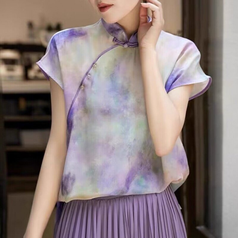 Blusa feminina com gola em v vintage estampada, camisa feminina, blusa solta, roupa tradicional, estilo chinês, nova, verão, 2023