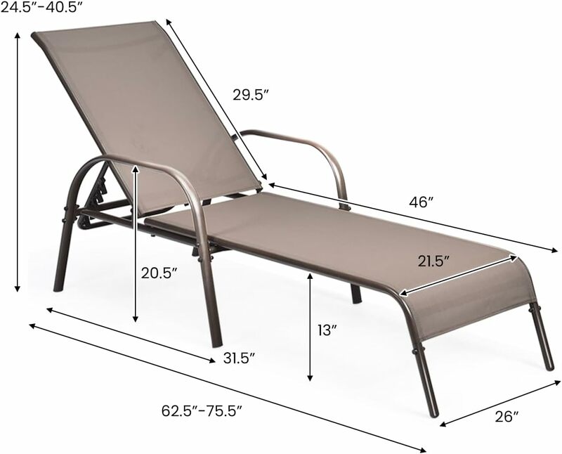 Outdoor Pátio Lounge Chair com encosto, resistente Steel Frame, Sunbathing Recliner, Cadeira de praia, Tanning Chair