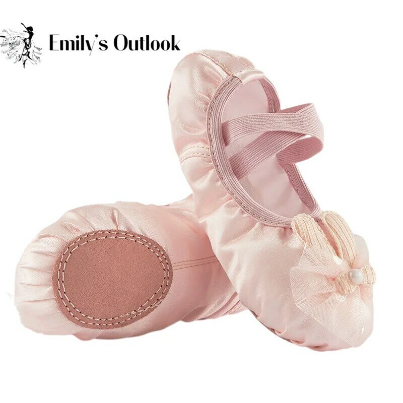 รองเท้ายิมนาสติก sepatu balet anak perempuan แบนราบทำจากหนังนุ่มสำหรับฝึกเต้นทำจากผ้าซาตินสำหรับเด็กวัยหัดเดิน/ตัวเล็ก/ตัวใหญ่