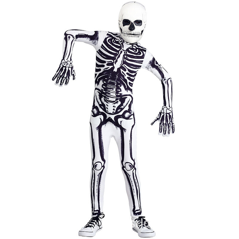 Traje Esqueleto Branco para Crianças Macacão Com Capuz Halloween Festival Skull Zombie Cosplay Zentai Bodysuit Traje
