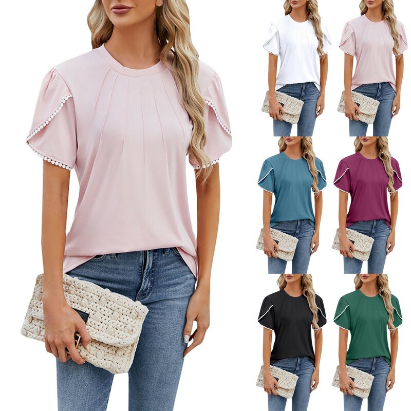 Atasan Wanita lengan kelopak mutiara tali serut leher bulat warna polos Atasan wanita blus Fashion kaus 2024 untuk wanita Y2k
