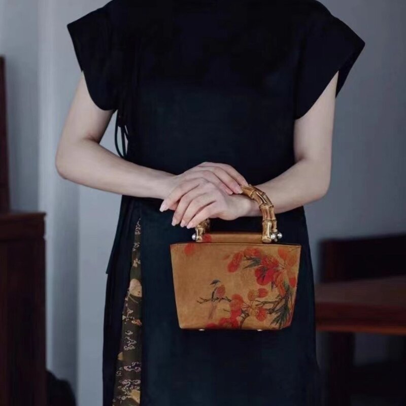 Fashionable Qipao Handbag Chinese Bamboo Top Handle Cheongsam Handbag Small Evening Bag Purse for Women