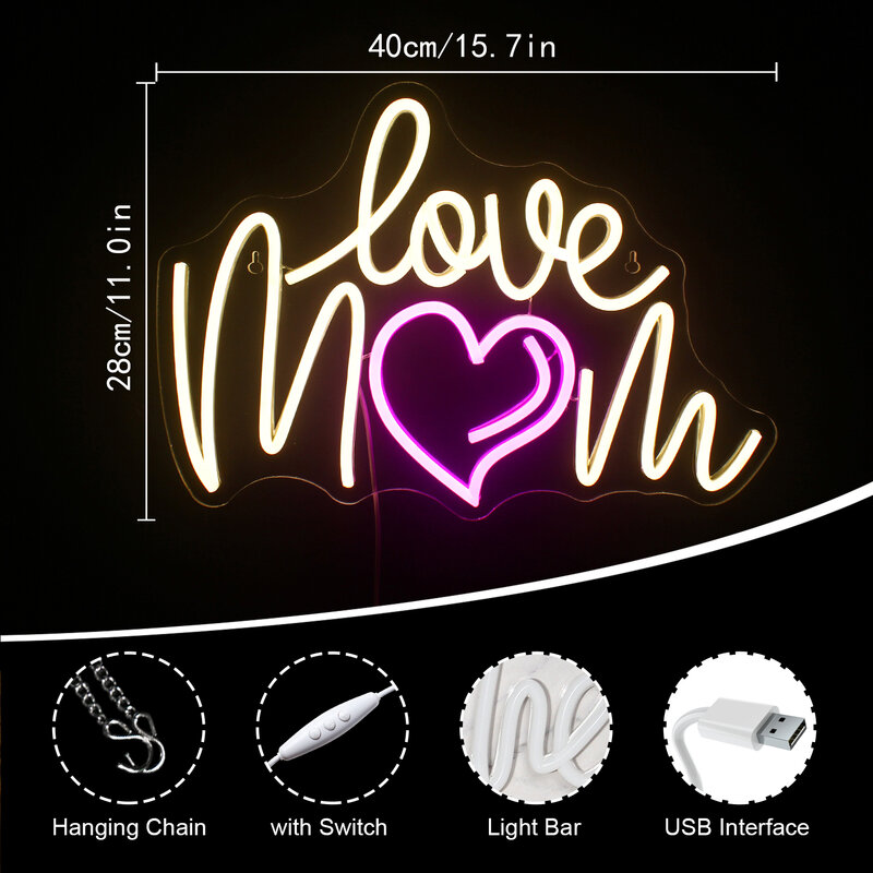 Love Mom Neon Sign LED Love Letter Lights For Room Decor Aesthetic Wall Lamp Mother Birthday Wedding Party Decoration USB Light