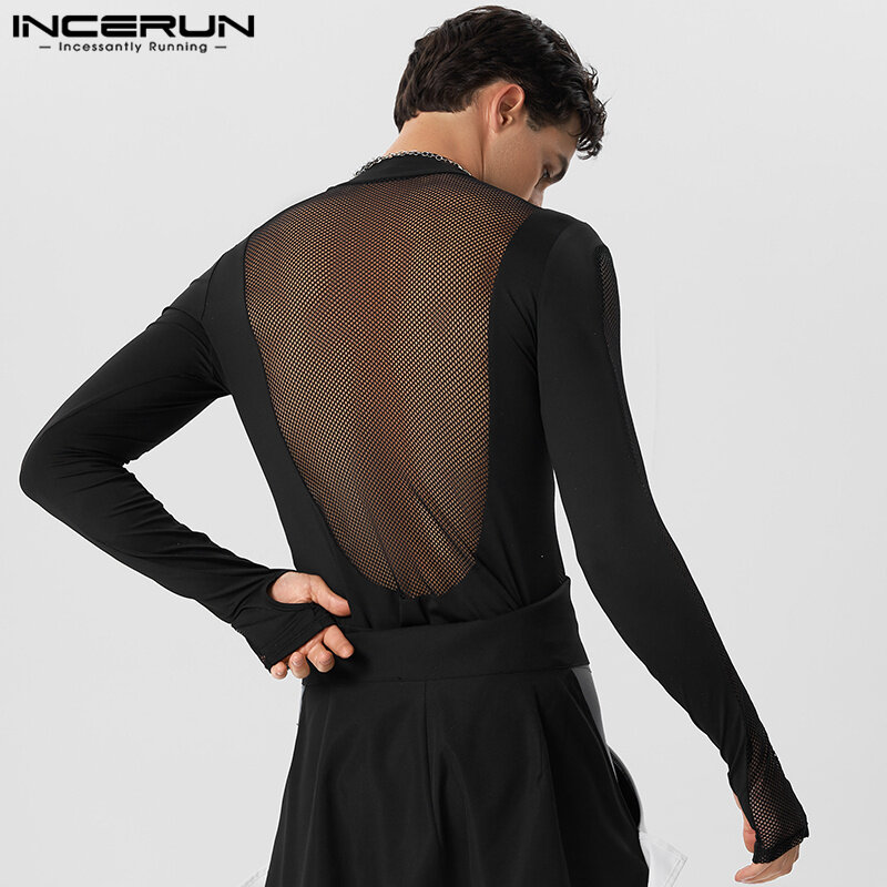 INCERUN Men Bodysuits Mesh Patchwork Transparent Turtleneck Long Sleeve Sexy Rompers T Shirt Men 2023 Fitness Party Bodysuits