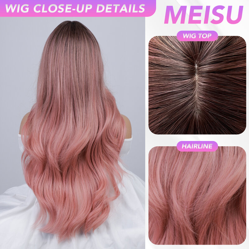MEISU Gradient Pink Brown Curly Wave Bangs Wig 24 Inch Fiber Synthetic Wig Heat-resistant Natural Party or Selfie For Women