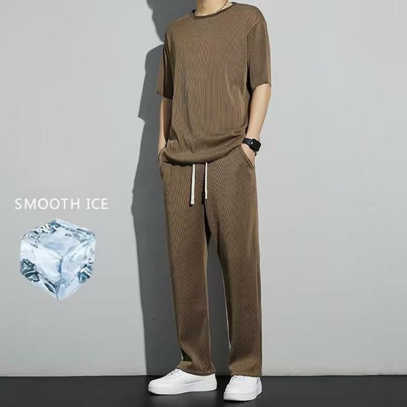 Camiseta casual masculina de manga curta e calças soltas de duas peças de streetwear, conjuntos plissados, moda coreana, verão, 2023