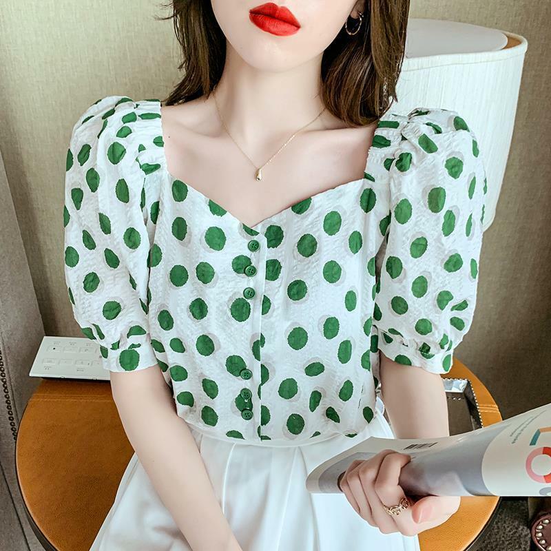 Temperament elegancki francuski styl letni kwadratowy dekolt damski guzik w kropki bufiaste rękawy moda szyfonowa koszula z krótkim rękawem