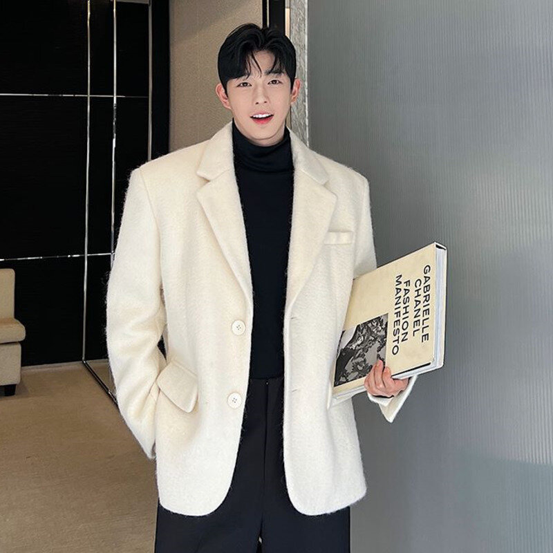 IEFB Korean Chic Male Woolen Jacket Fashion Lapel Single Breasted Pocket Coat 2023 Autumn Winter Casual Men Clothing Pink 9C2886