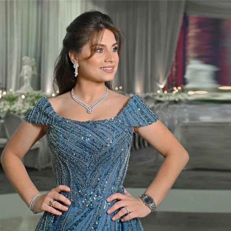 Luxus kurz ärmel igen quadratischen Hals lange formelle Abendkleid von der Schulter Dubai Arab Ball Party Brautkleid 2024