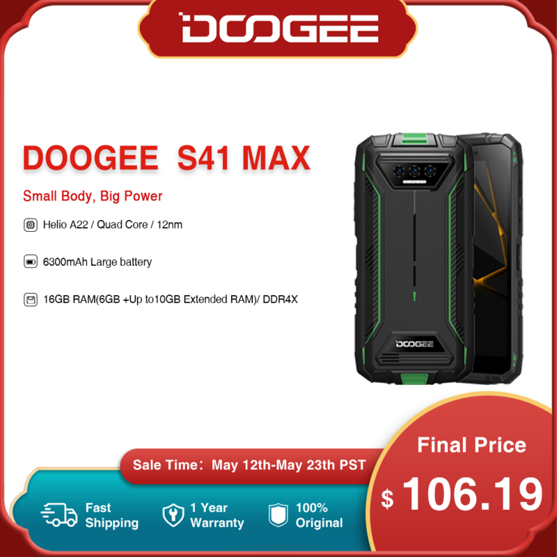DOOGEE-S41 Max robusto Android 13 telefone, 5.5 ", IPS, HD, 13MP, AI câmera tripla, 16GB de RAM + 256 GB ROM, Quad Core, 6300mAh