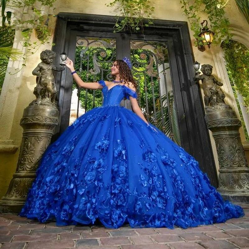 Vestido Lorencia Royal Blue Quinceanera, Apliques de flores 3D, miçangas, ombro, vestido Sweet 16, YQD454
