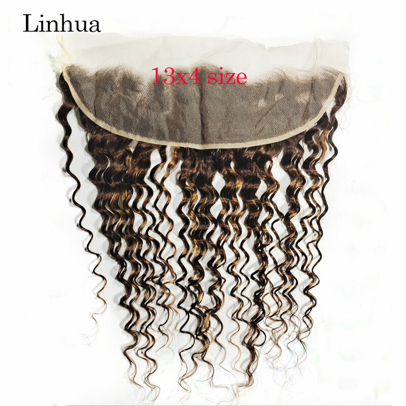 Llinhua-Cheveux humains Deep Wave avec fermeture en dentelle transparente, Ombre, Brun, Blond miel, P4, 27, 4x4, 5x5, 13x4