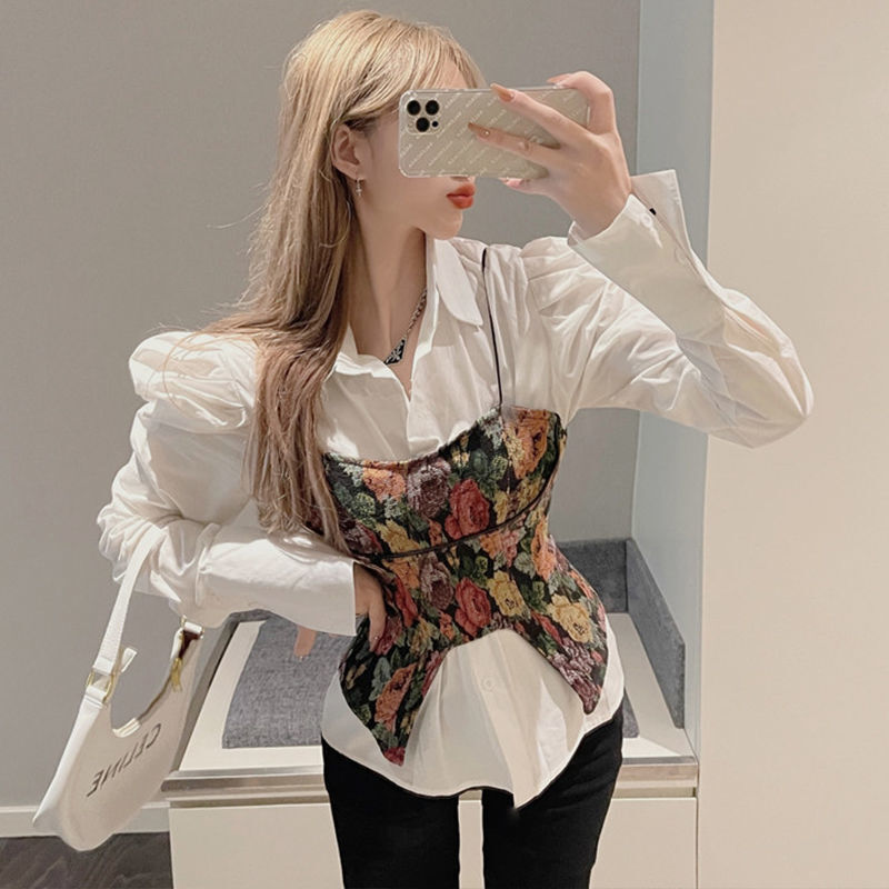 Camicia bianca donna manica a bolle fiore frammentato fionda due pezzi di Set donna 2023 camicetta francese di alta qualità all'inizio della primavera femminile