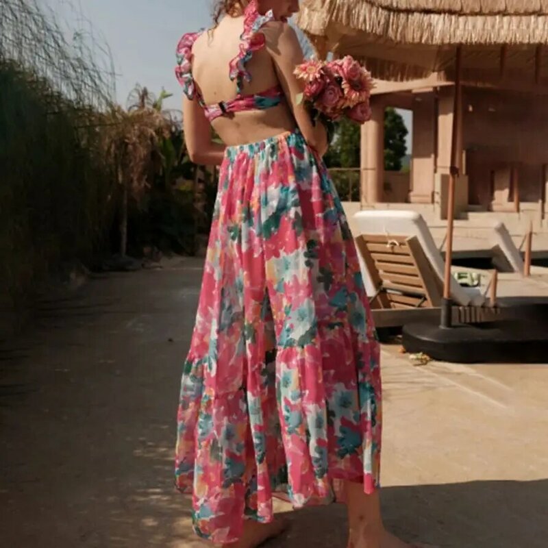 꽃무늬 프린트 원피스 수영복, 섹시한 서스펜더 프릴 홀터 비키니 디자인, 트렌디한 럭셔리 비치웨어, 2024