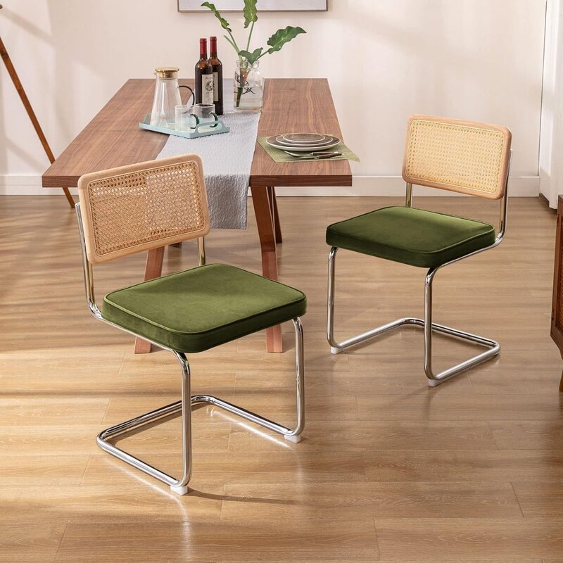 Ensemble de 2 chaises de salle à manger modernes du milieu du siècle, chaises d'appoint en velours, dossier en canne naturelle, base en acier inoxydable chromé