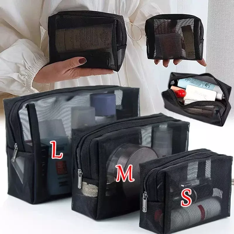 Malha transparente Sacos Cosméticos, Pequeno grande saco de maquiagem preta, Portable Travel Toiletry Organizer, Lipstick Storage Pouch, 3 tamanhos