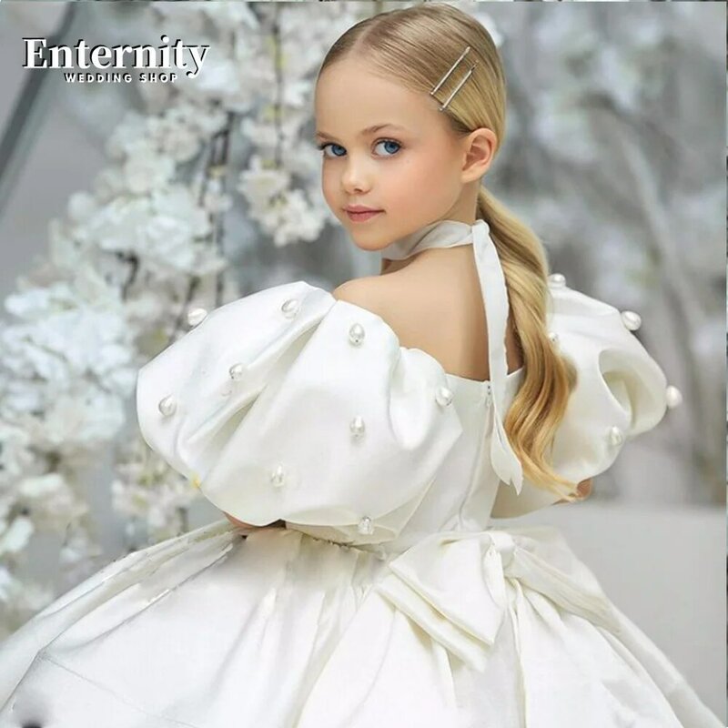 Платье принцессы Детское ТРАПЕЦИЕВИДНОЕ до колена, с круглым вырезом, бантом, буффами на рукавах и жемчугом, бальное платье для девочек