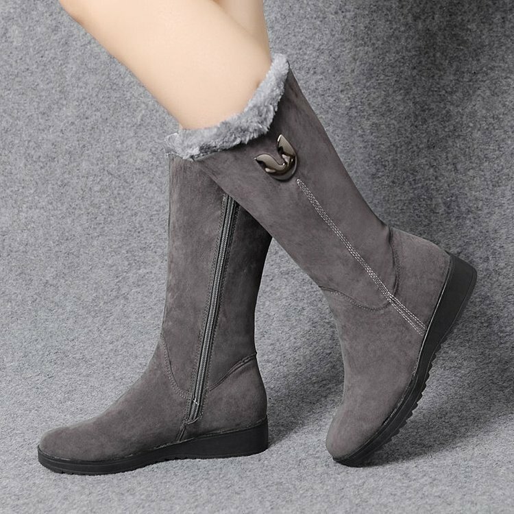 Botas Chelsea De piel alta para Mujer, zapatos gruesos De media pantorrilla, planos De felpa, con cremallera, a la moda, invierno, 2022
