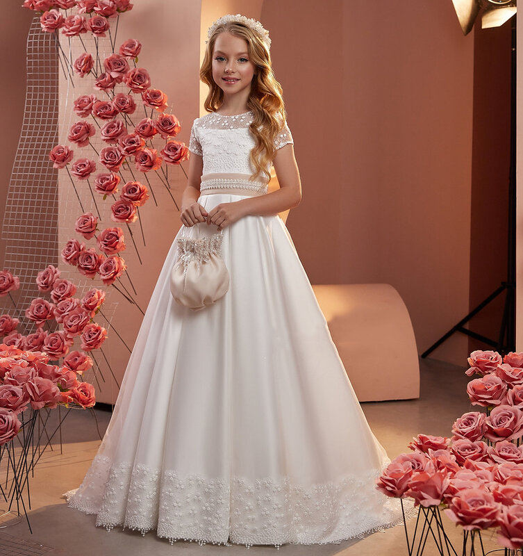 Biała koronkowa dziewczęca sukienka w kwiaty na satyna ślubna długość podłogi z kokardą dla dzieci suknie balowe urodzinowa pierwsza sukienka komunijna