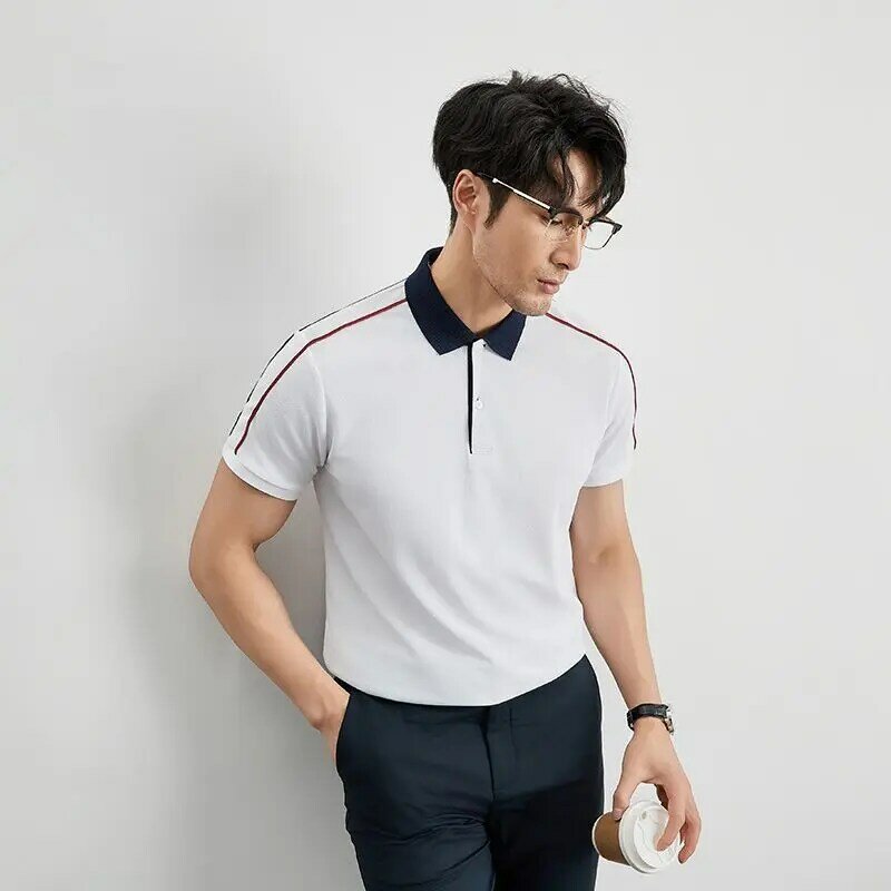 Рубашка-поло мужская с отложным воротником, приталенная сорочка с короткими рукавами, простой дышащий Удобный хлопковый топ в деловом стиле, в Корейском стиле, на лето